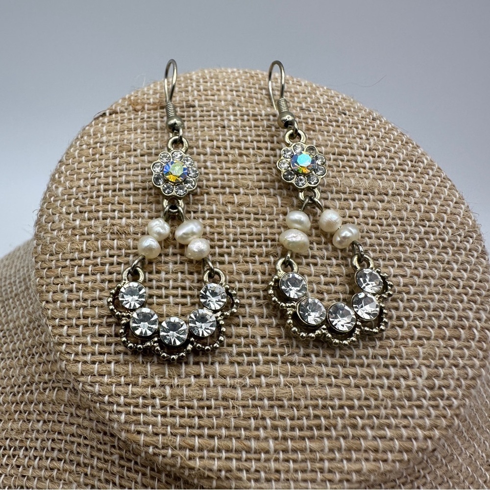 Silver Chandelier Earrings with Pearls & Crystals Fancy Wedding Bridal Statement
